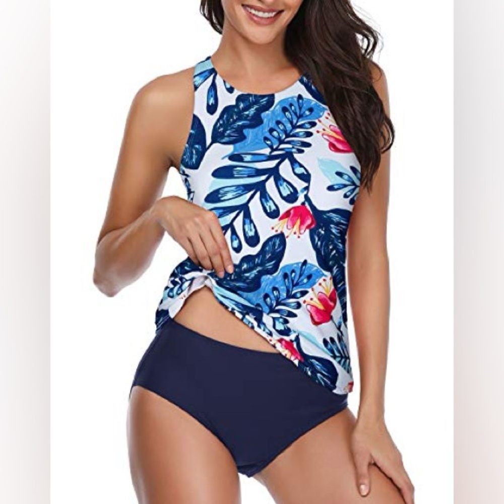 Holipick High Neck Halter Scoop Back Tankini With Shorts-White And Blue Floral